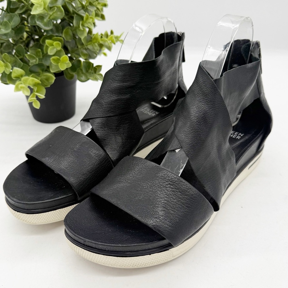 Eileen Fisher Black Leather Sport Platform Crisscross Strappy Sandal Size 9.5